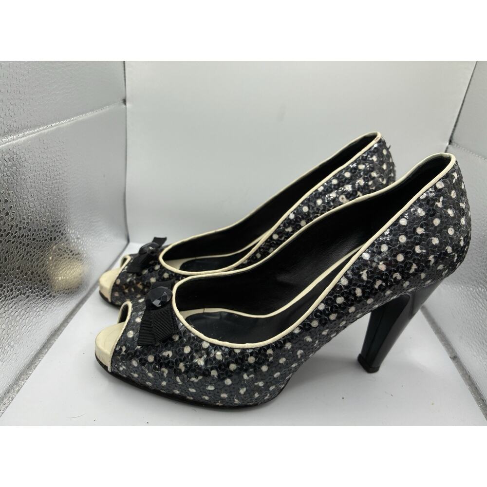 Grey Mer Sequin Peep Toe Heels EU 38.5 US 8 Made in Italy Bow Pumps Black Cream